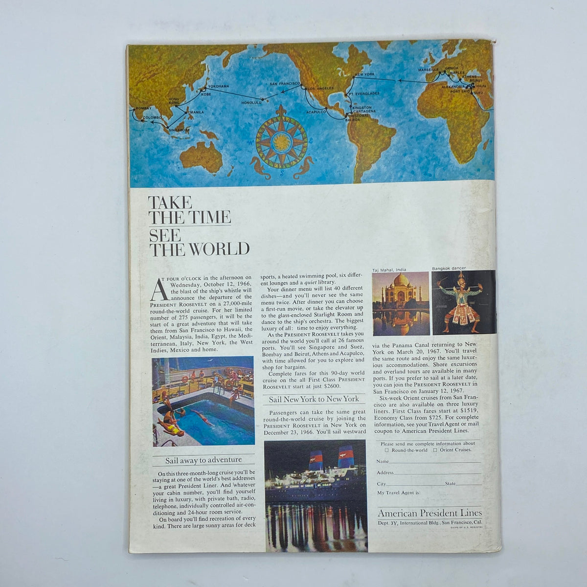 Promotional page from The New Yorker magazine, May 21, 1966, advertising travel on the PRESIDENT ROOSEVELT cruise ship, highlighting features like swimming pool and world travel.