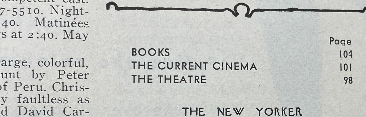 Inside page of The New Yorker Complete Magazine January 8, 1966 detailing segments on books, current cinema, and theatre, reflecting the magazine's cultural commentary.