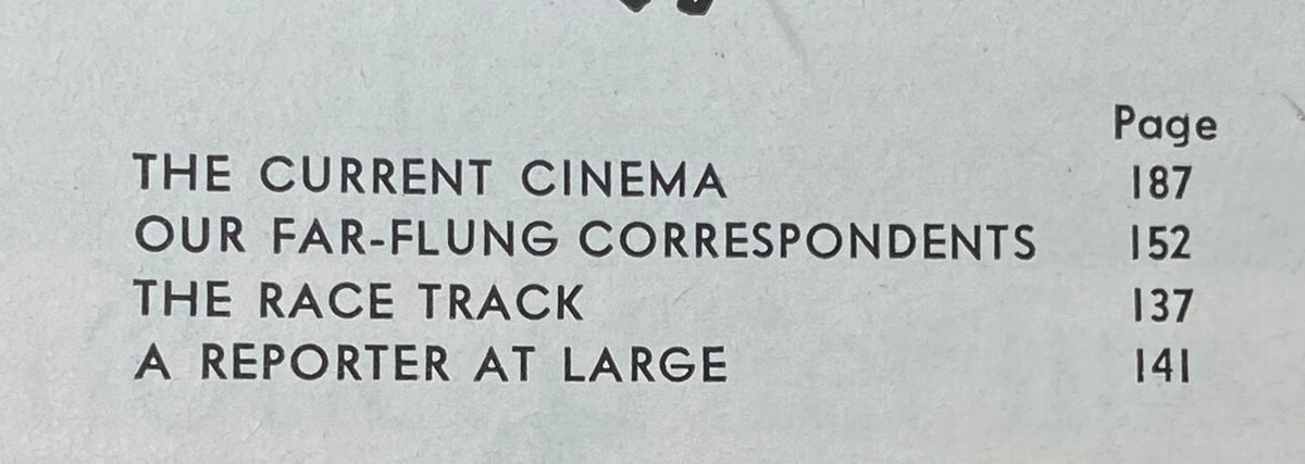 Table of contents from The New Yorker Complete Magazine September 16, 1967 featuring sections 'The Current Cinema', 'Our Far-Flung Correspondents', 'The Race Track', and 'A Reporter at Large'.