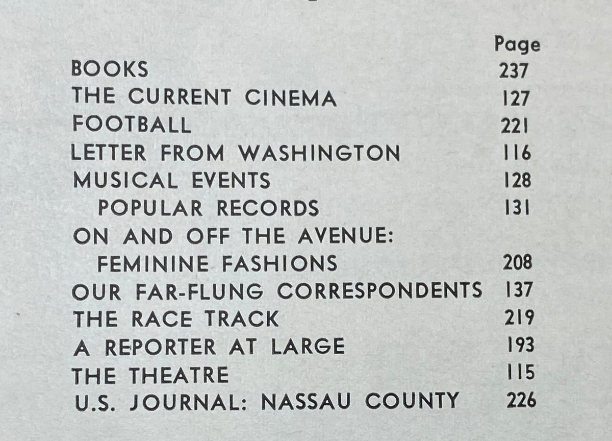 Page showcasing the contents of The New Yorker magazine from November 16, 1968, including sections like Books, Current Cinema, and Theatre.
