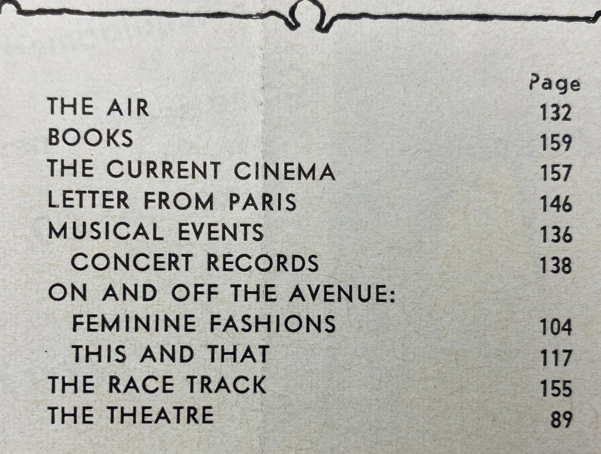 Table of contents from The New Yorker Complete Magazine March 21, 1959 listing various sections including 'The Air', 'Books', and 'Musical Events'.