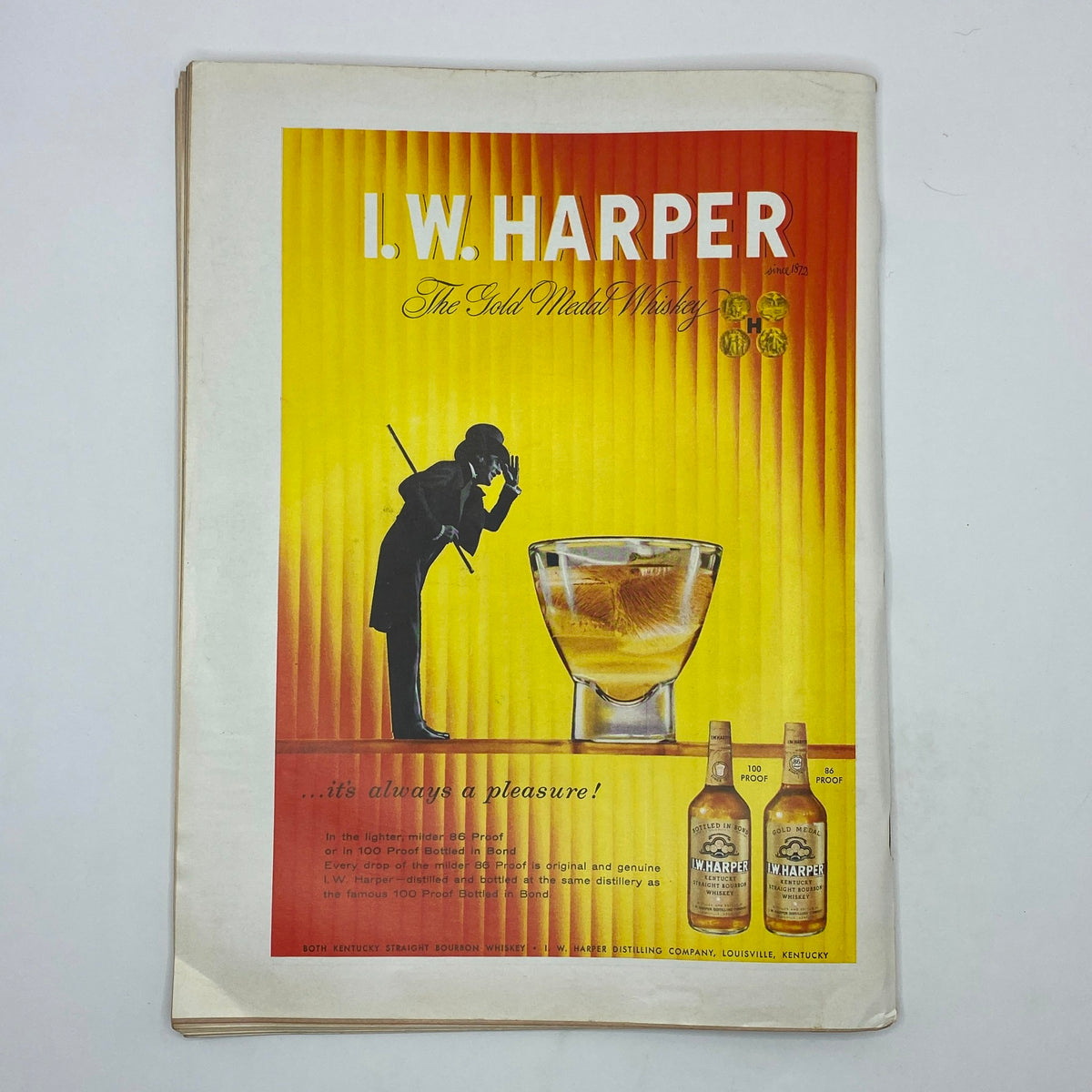 Advertisement for I.W. Harper whiskey from The New Yorker Complete Magazine March 21, 1959, showcasing a silhouette of a man with a drink against a vibrant background.