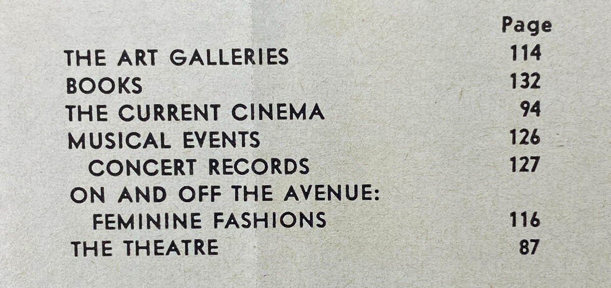 Table of contents page from The New Yorker Complete Magazine March 28, 1959, listing various sections including The Art Galleries, Books, and Musical Events.