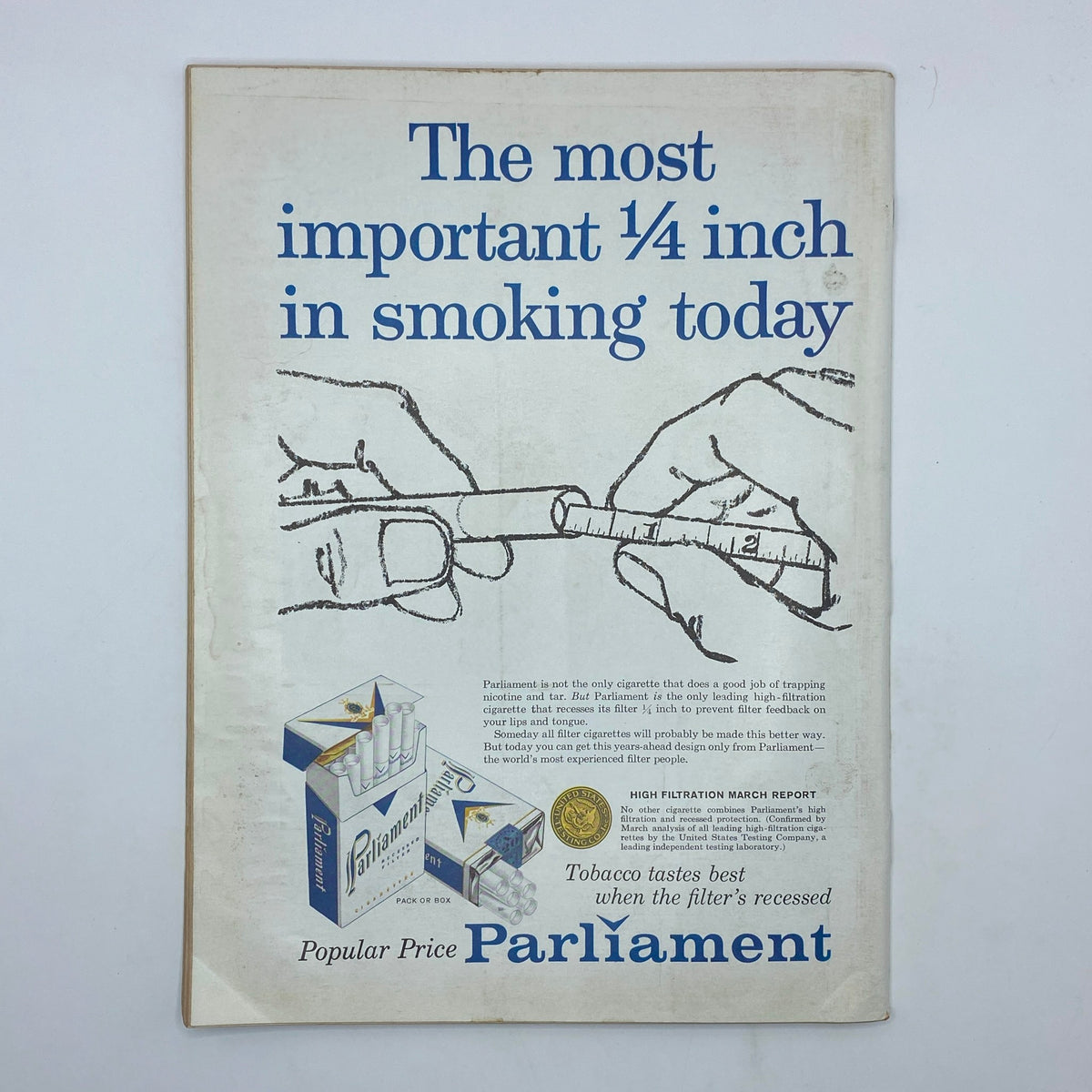 Back cover of The New Yorker Complete Magazine March 28, 1959, featuring an advertisement for Parliament cigarettes emphasizing the importance of the filter design.