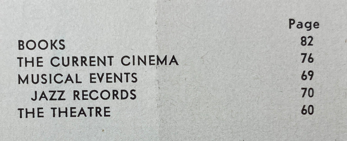 Page from The New Yorker magazine January 19, 1963, listing contents including Books, The Current Cinema, Musical Events, Jazz Records, and The Theatre.