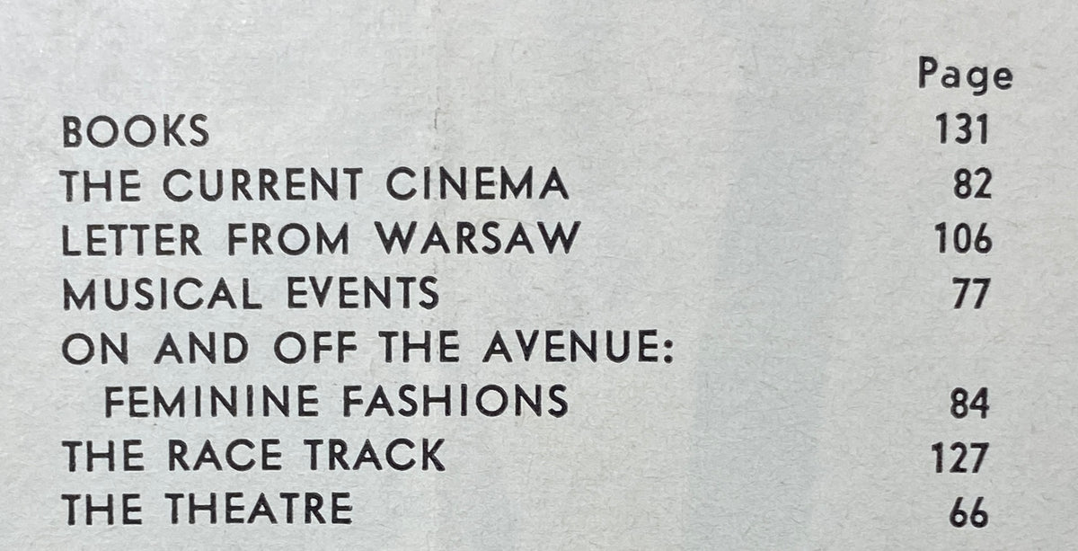 Contents page from The New Yorker Complete Magazine February 9, 1963 featuring articles such as 'Books', 'The Current Cinema', and 'Musical Events'.