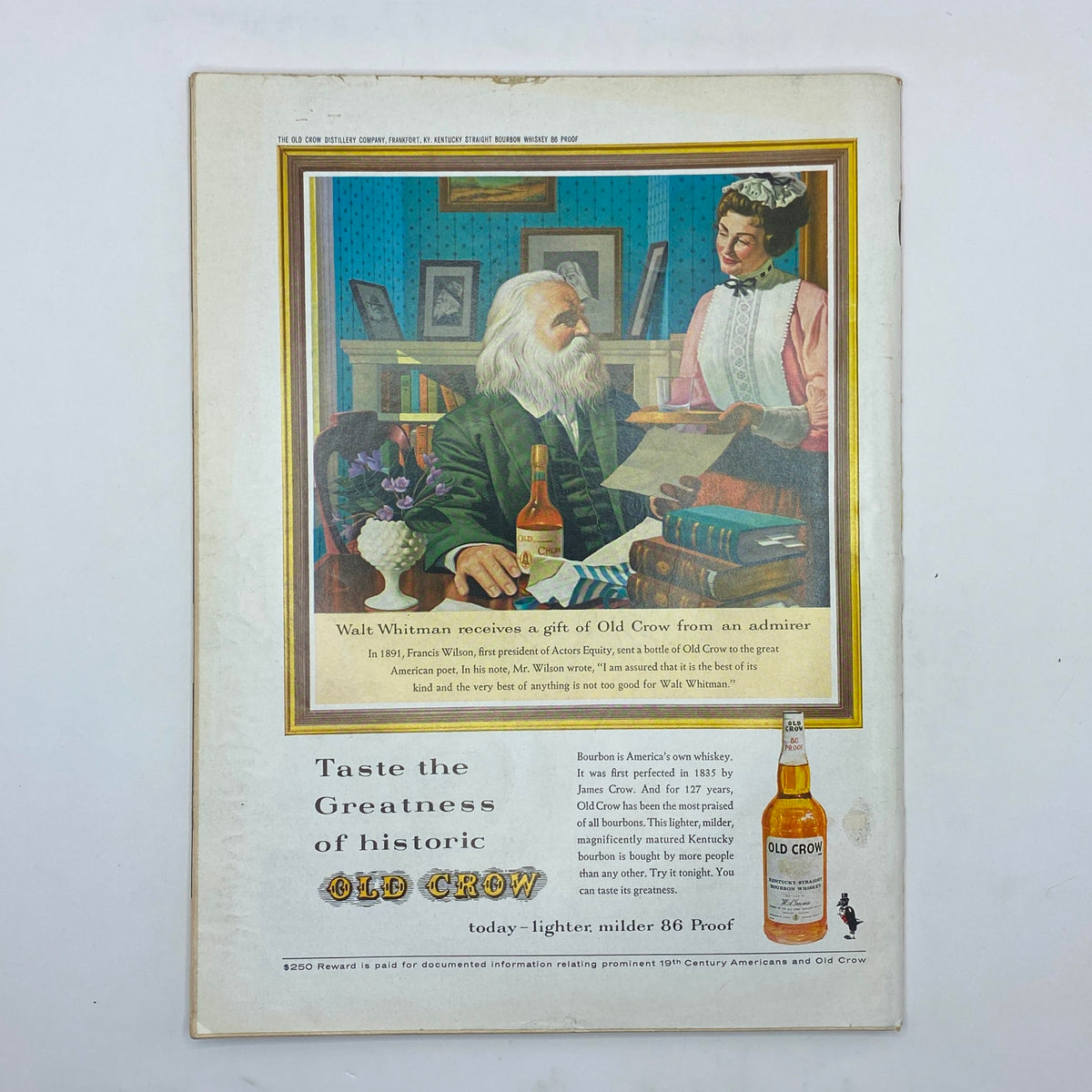 Advertisement from The New Yorker Complete Magazine February 9, 1963 showcasing Walt Whitman receiving a gift of Old Crow bourbon.