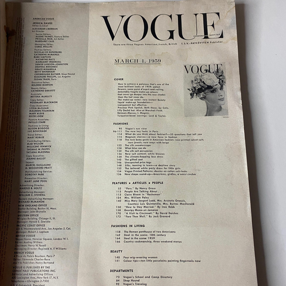 Table of contents page from Vogue Magazine March 1, 1959 featuring Isabella Albonico, showing article titles and sections that highlight the magazine's content.