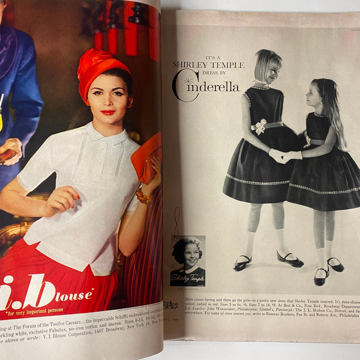 Interior spread of Vogue Magazine March 1, 1959 featuring Isabella Albonico, displaying fashion features from the issue, including a Shirley Temple dress advertisement.