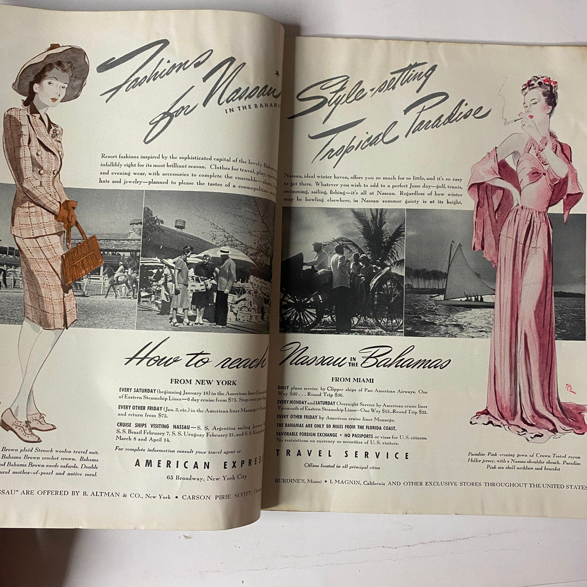 Vogue Magazine January 1, 1941 Ski Girl Cover by Toni Frissell GD Interior, featuring a fashion advertisement for Nassau showcasing tropical attire and travel services.