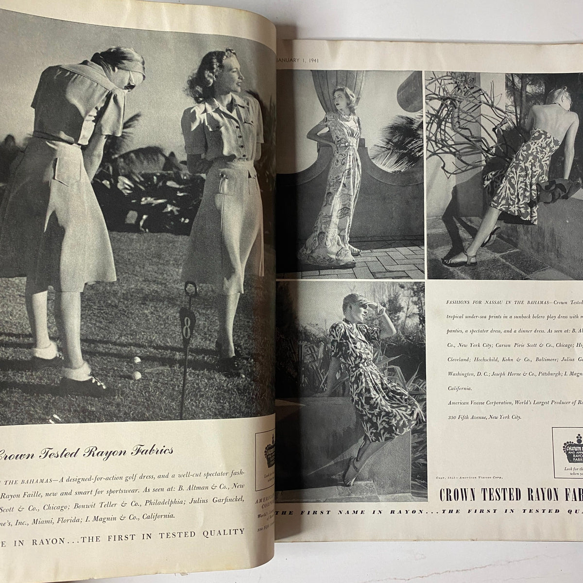 Vogue Magazine January 1, 1941 Ski Girl Cover by Toni Frissell GD Interior, highlighting designs in crown tested rayon fabrics with models posing in various stylish outfits.