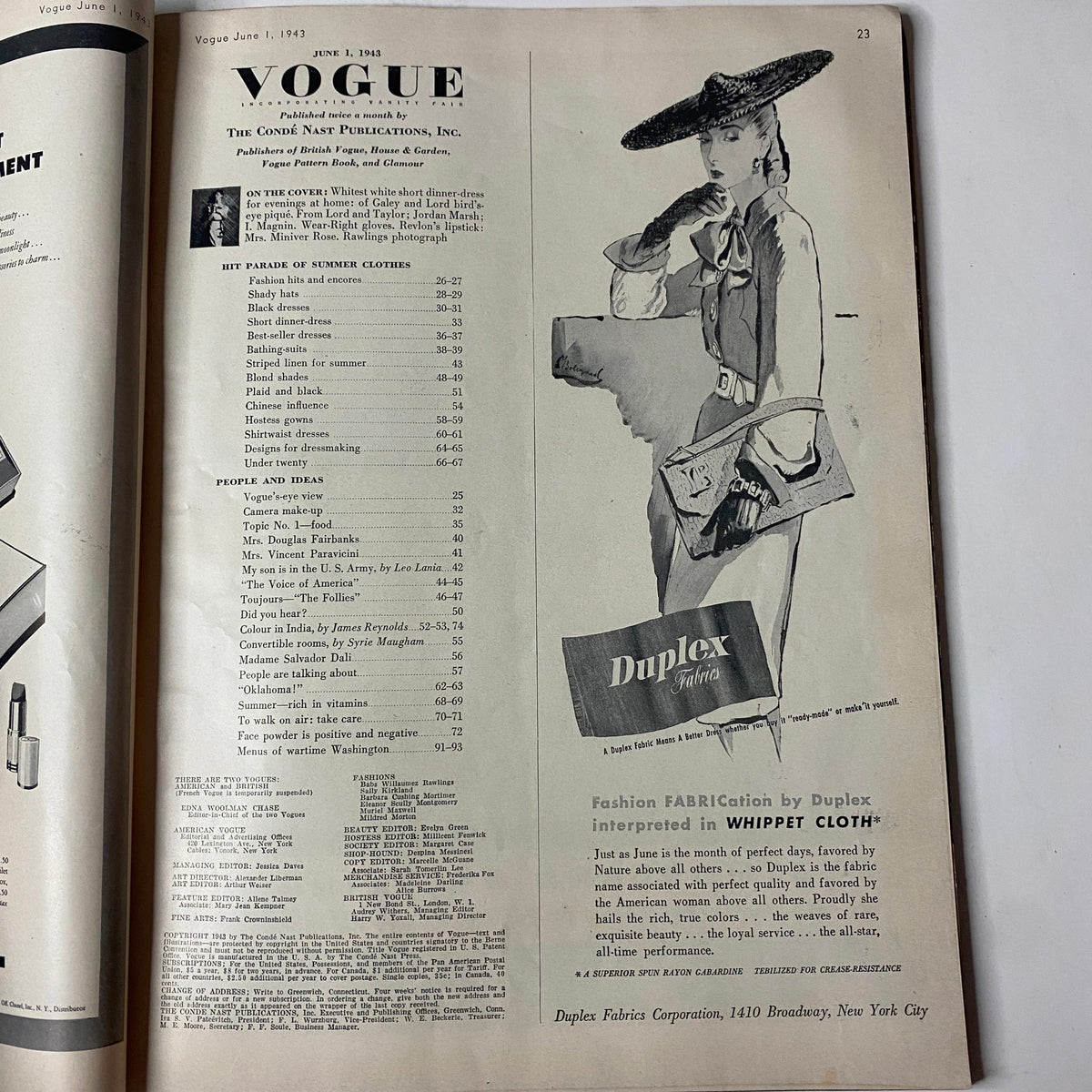 Interior page of Vogue Magazine June 1, 1943 Florence Dornin Cover by John Rawlings, featuring advertisements and article layout.