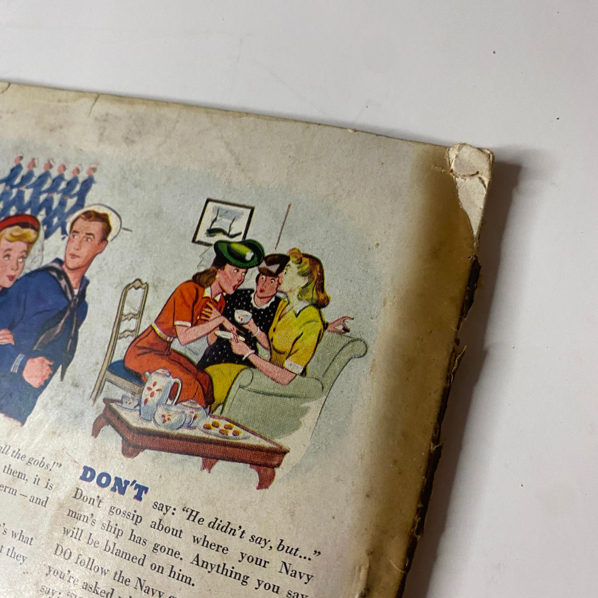 Vogue Magazine June 1, 1943 Florence Dornin Cover by John Rawlings GD Interior close-up of the magazine corner showing wear and tear with illustrated characters gossiping.
