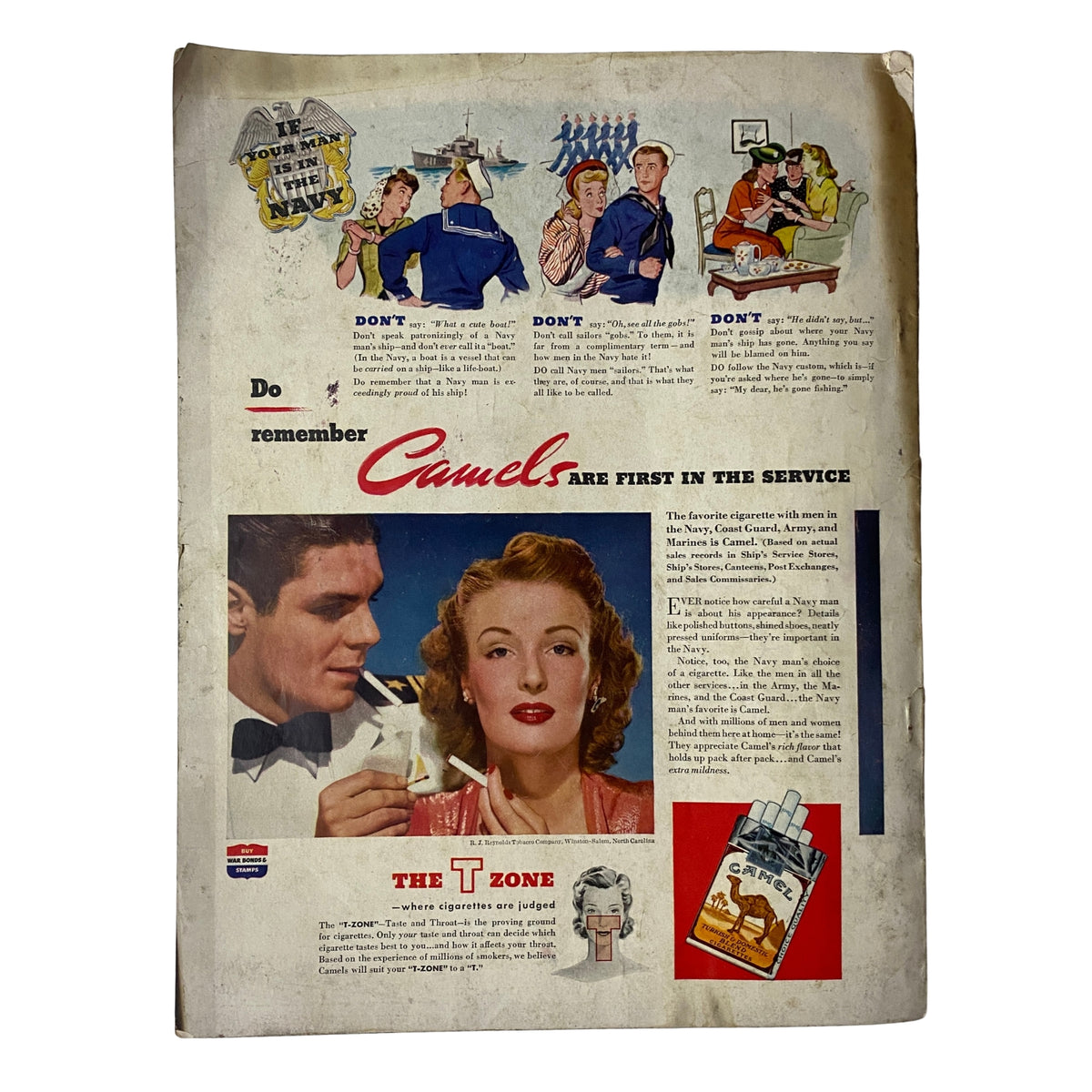 Vogue Magazine June 1, 1943 Florence Dornin Cover by John Rawlings GD Interior back cover advertisement for Camels cigarettes, featuring a woman and illustrations emphasizing Navy themes.