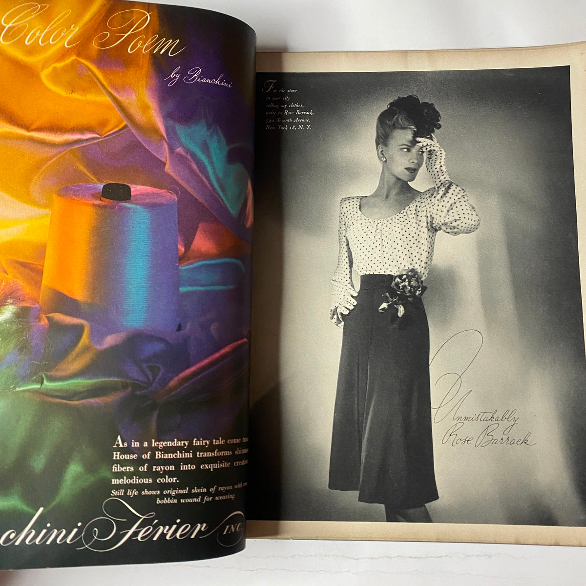 Interior page from Vogue Magazine February 15, 1945 featuring a colorful advertisement for Bachini, showcasing a model in a polka dot dress standing next to a colorful backdrop.