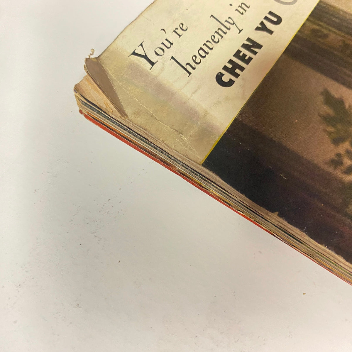 Close-up of the spine of Vogue Magazine February 15, 1945, indicating age with visible damage and a classic retro appearance.