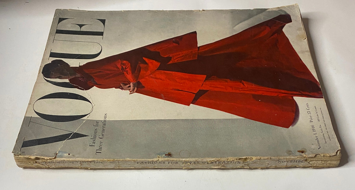 Vogue Magazine November 1, 1946 in a worn condition, displaying a model in a red ensemble. The cover highlights fashion designs suitable for three generations.