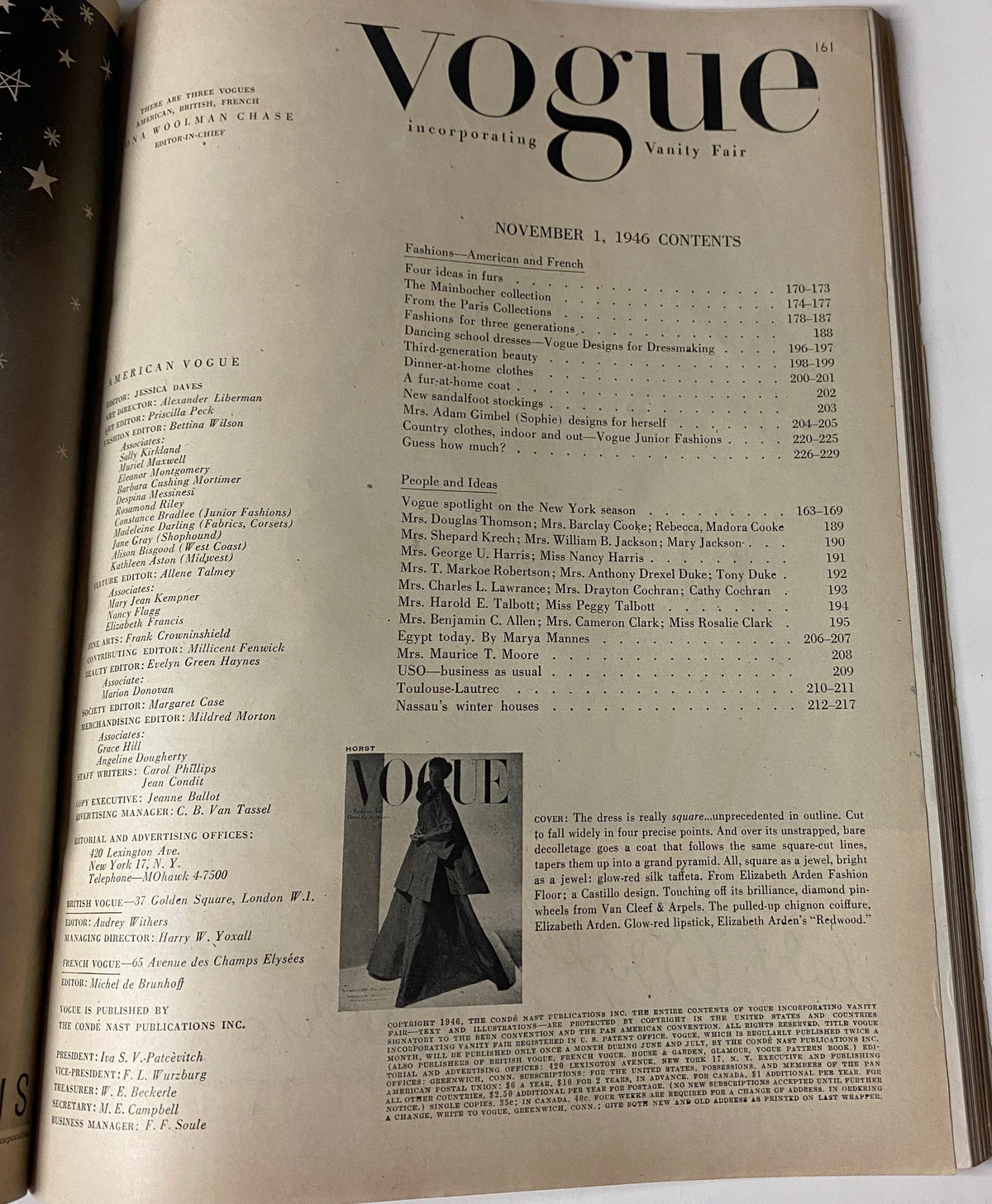 Table of contents page from Vogue Magazine November 1, 1946, listing featured fashion articles. This page offers insights into mid-century fashion trends and designers.