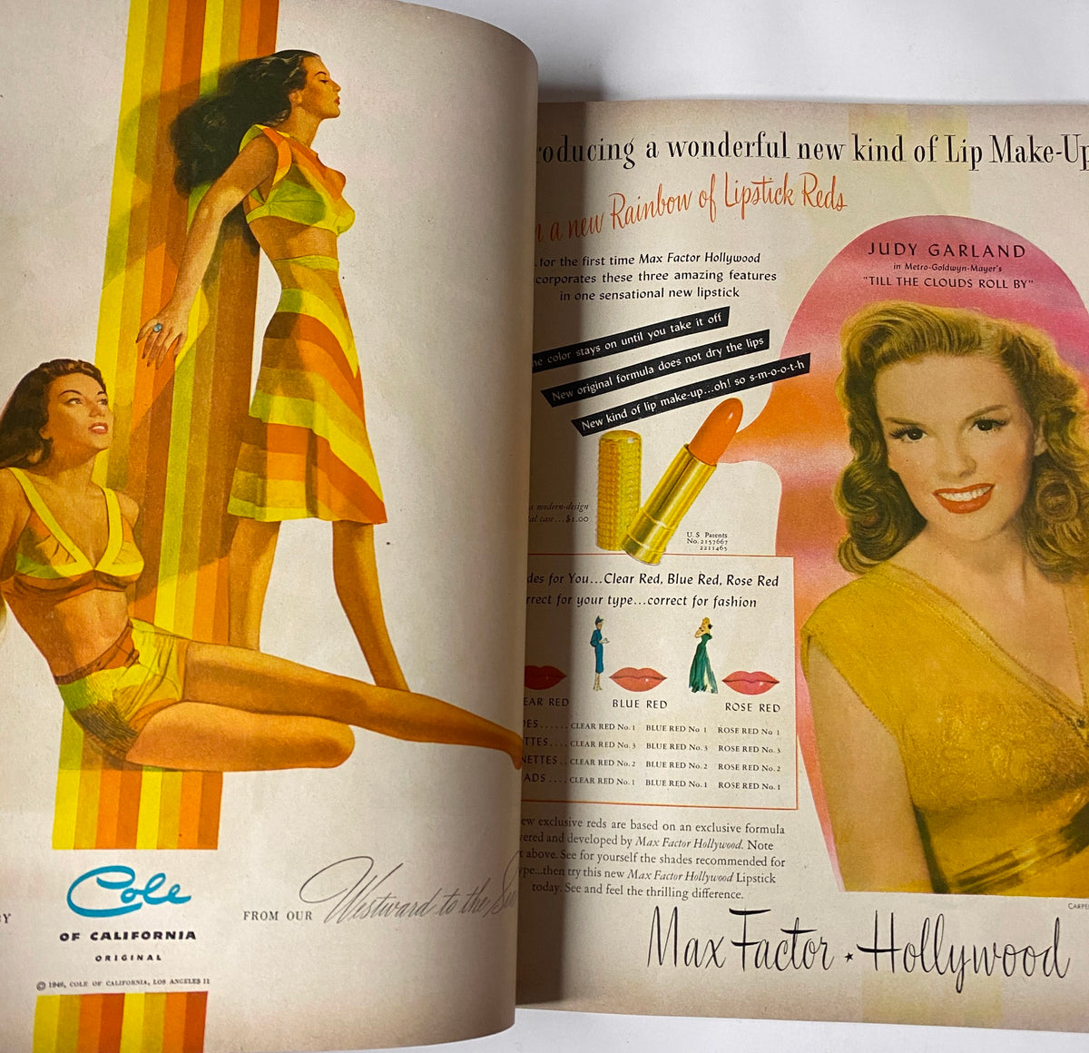 Advertisement from Vogue Magazine November 1, 1946 featuring Judy Garland promoting Max Factor Hollywood lip makeup, showcasing vibrant colors and alluring designs.