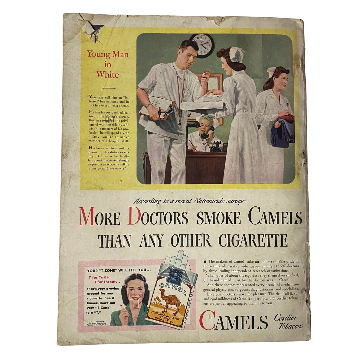 Advertisement from Vogue Magazine November 1, 1946 promoting Camel cigarettes, featuring a medical-themed illustration and the phrase 'More Doctors Smoke Camels Than Any Other Cigarette'.