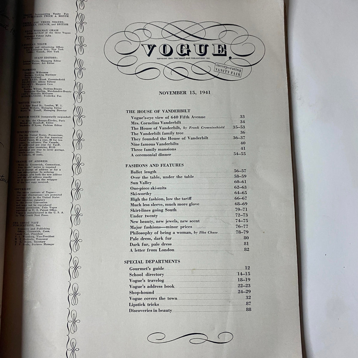 Table of Contents from Vogue Magazine November 15, 1941 The House of Vanderbilt, listing articles and features included in the issue.