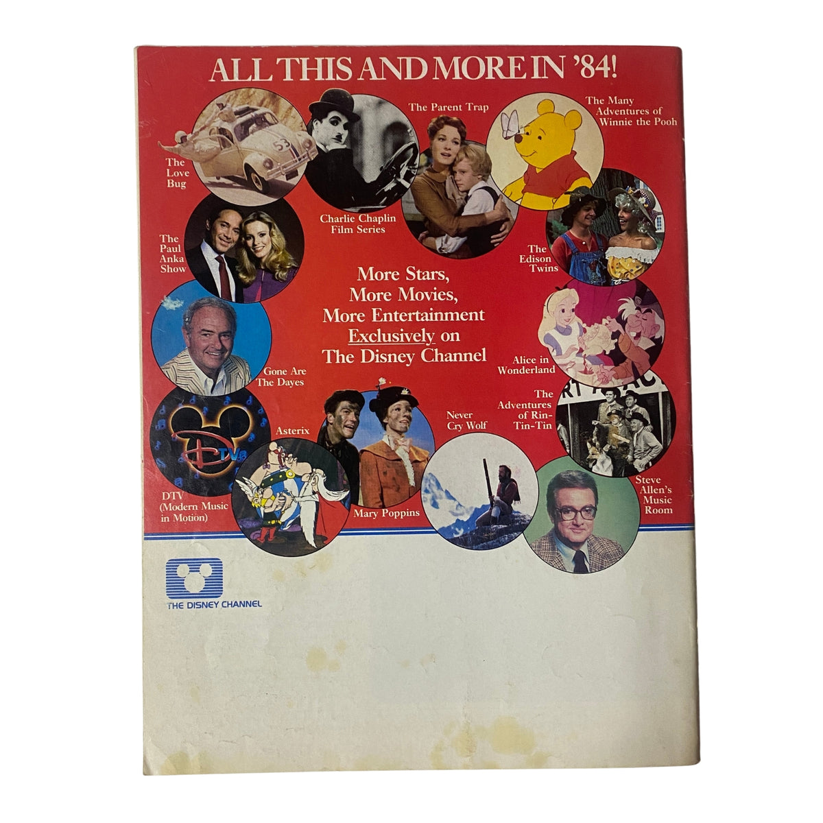 Back cover of The Disney Channel Magazine December 1983 showcasing promotional images of various Disney Channel shows and characters for 1984.