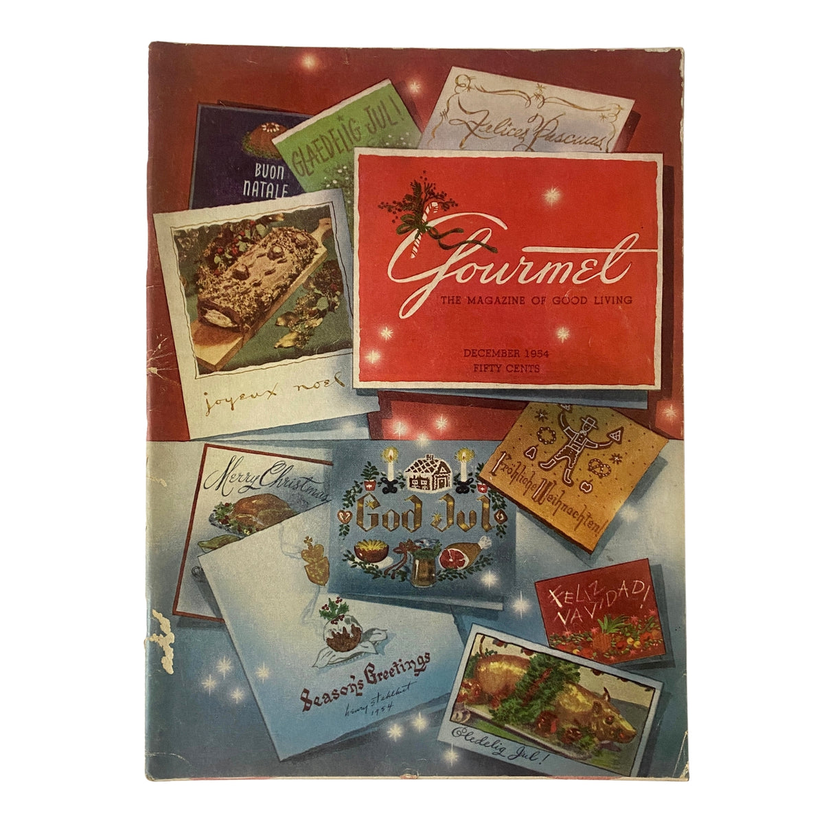 Cover of Gourmet Magazine, December 1954, featuring a holiday-themed design by Henry J. Stahlhut, showcasing various festive cards against a vibrant winter background.