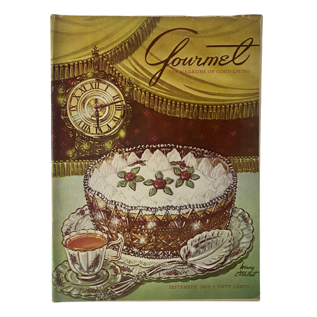 Cover of Gourmet Magazine September 1955 featuring a dessert centerpiece, elegant clock, and a cup of tea, designed by Henry J. Stahlhut.