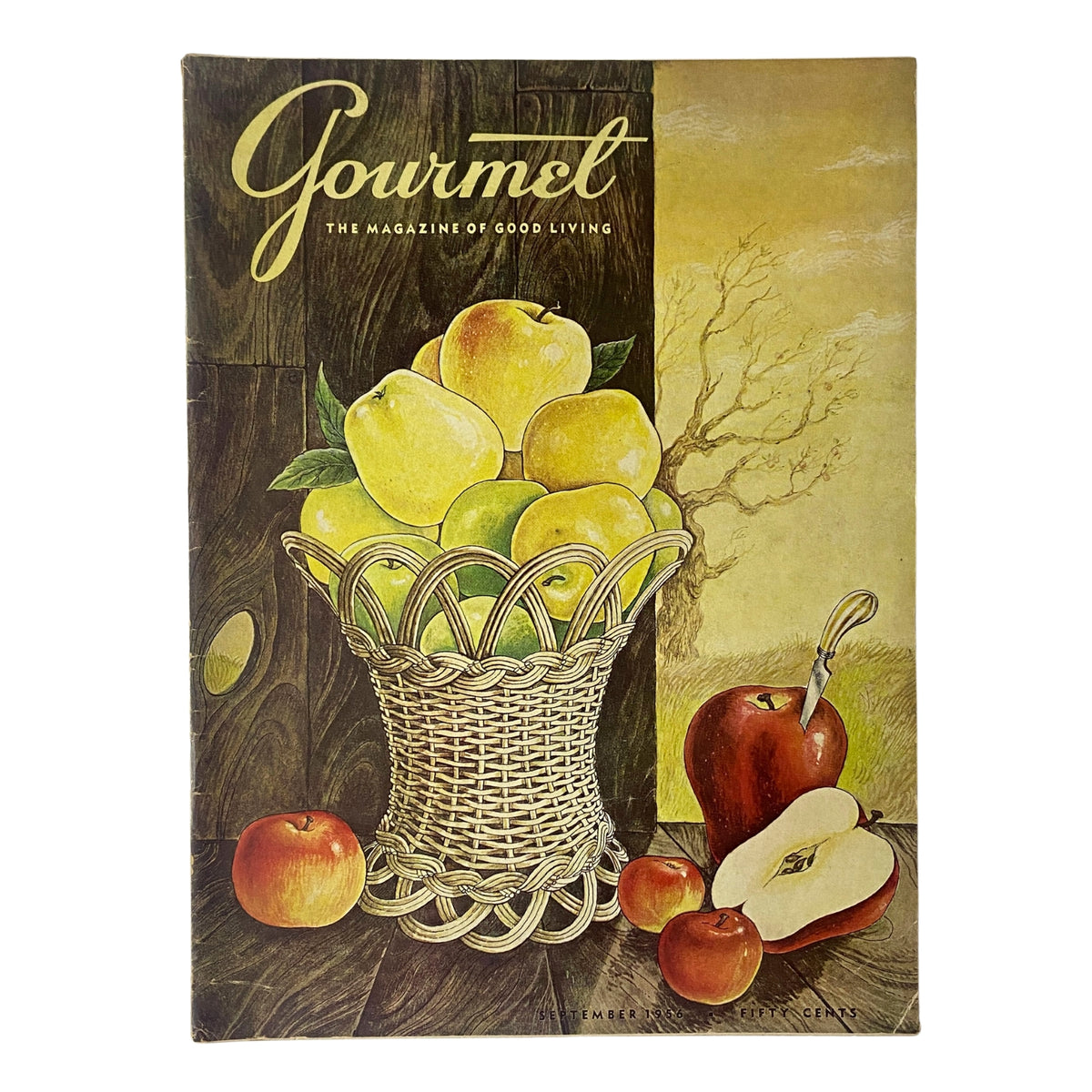 Gourmet Magazine September 1956 Cover Design by Hilary Knight featuring a vibrant illustration of a basket of apples, showcasing the essence of mid-century culinary aesthetics.