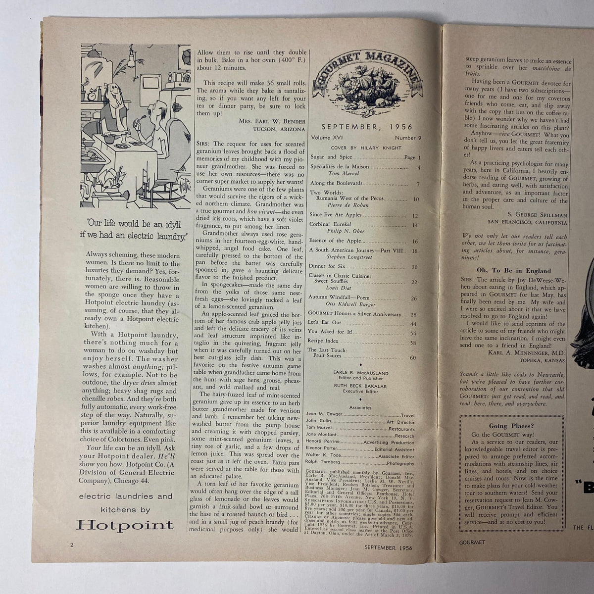 Inside page of Gourmet Magazine September 1956 featuring editorial content and illustrations, including a humorous depiction of a kitchen scene, designed by Hilary Knight.