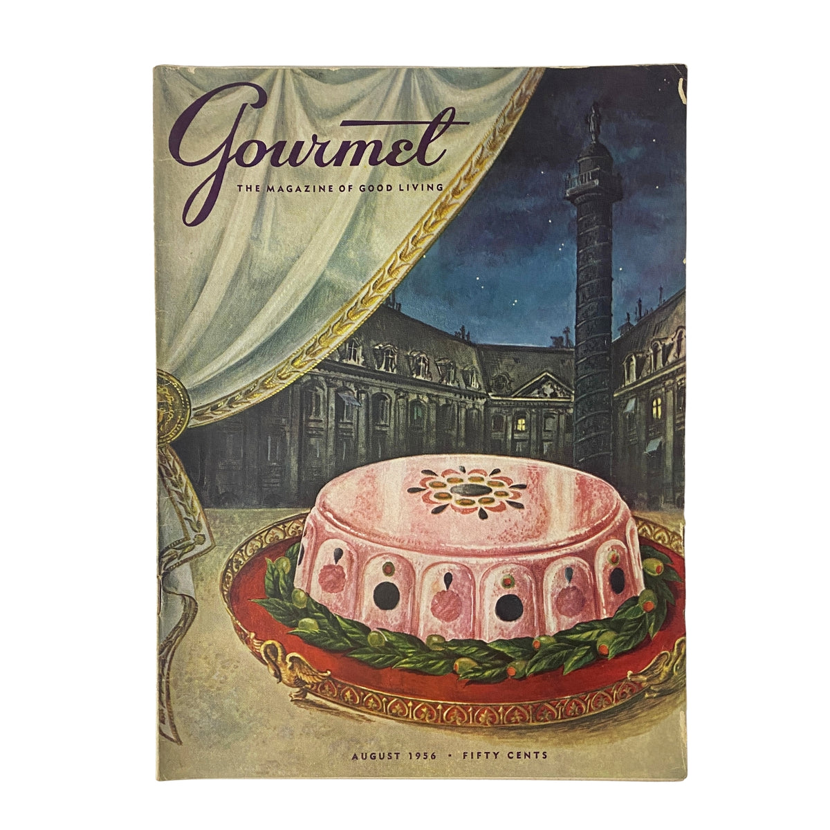 Cover of Gourmet Magazine for August 1956 featuring a decorative cake, designed by Hilary Knight, showcasing mid-century aesthetics.