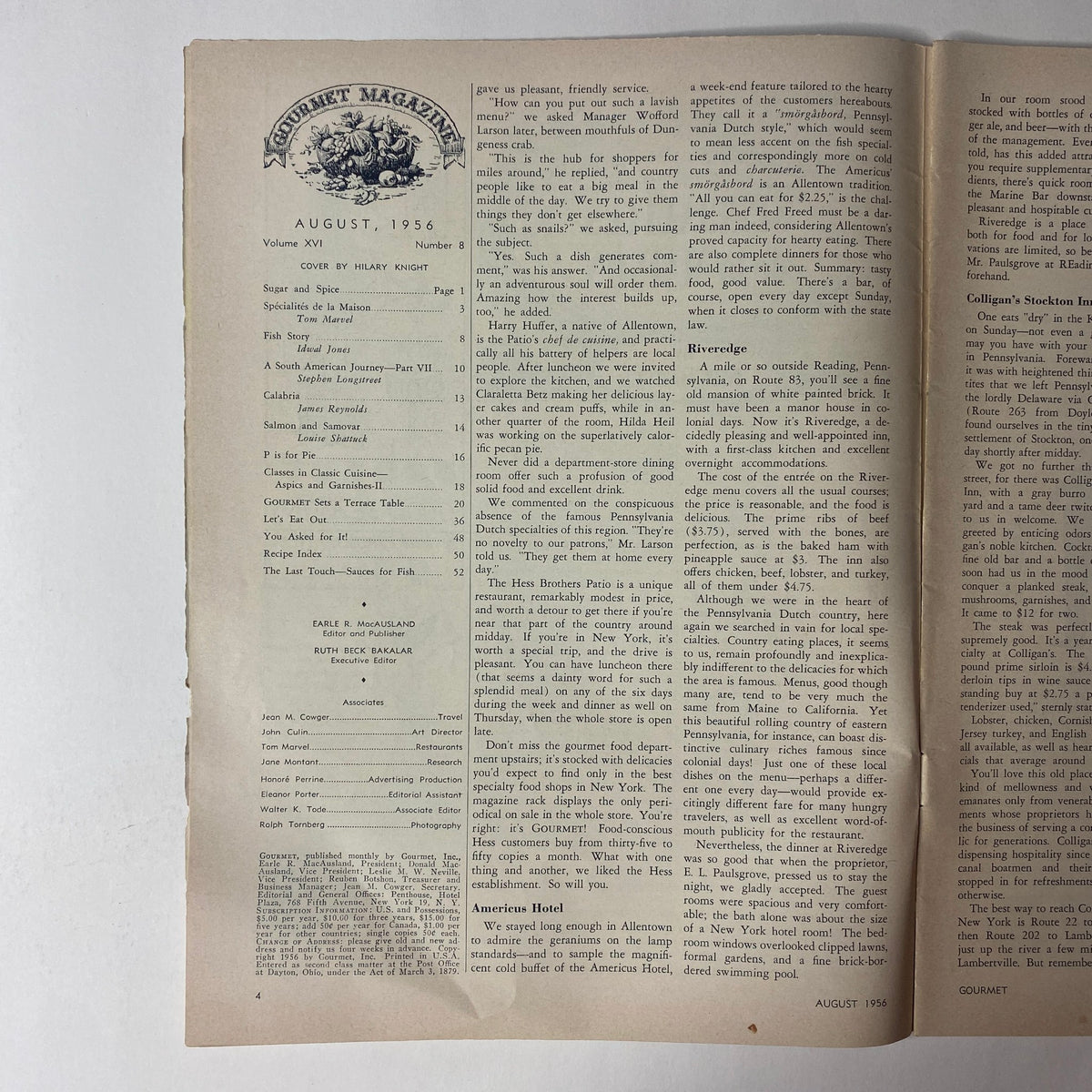 Interior page from Gourmet Magazine August 1956, including table of contents and details of featured articles, designed by Hilary Knight.