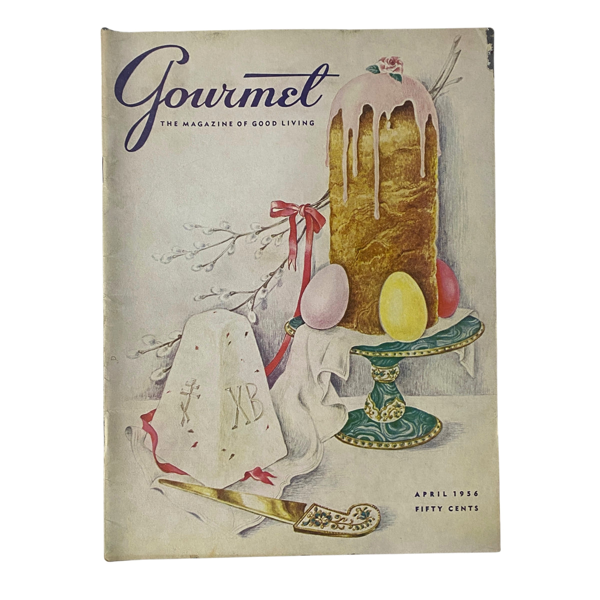 Gourmet Magazine April 1956 Cover Design by Hilary Knight, featuring a decorated cake with pastel eggs and a vintage design synonymous with mid-century culinary aesthetics.