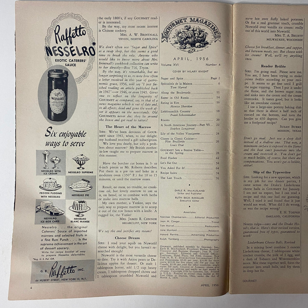 Interior page of Gourmet Magazine April 1956, showcasing an advertisement for Raffetto's Messlero Exotic Caterers Sauce with a decorative layout and culinary tips.