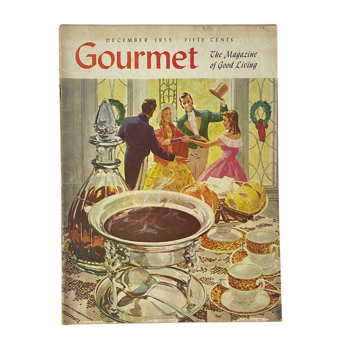 Cover design of Gourmet Magazine, December 1955, illustrated by Tore Asplund, featuring a festive holiday scene with a couple serving food in a classic dining setting, highlighting mid-century culinary aesthetics.