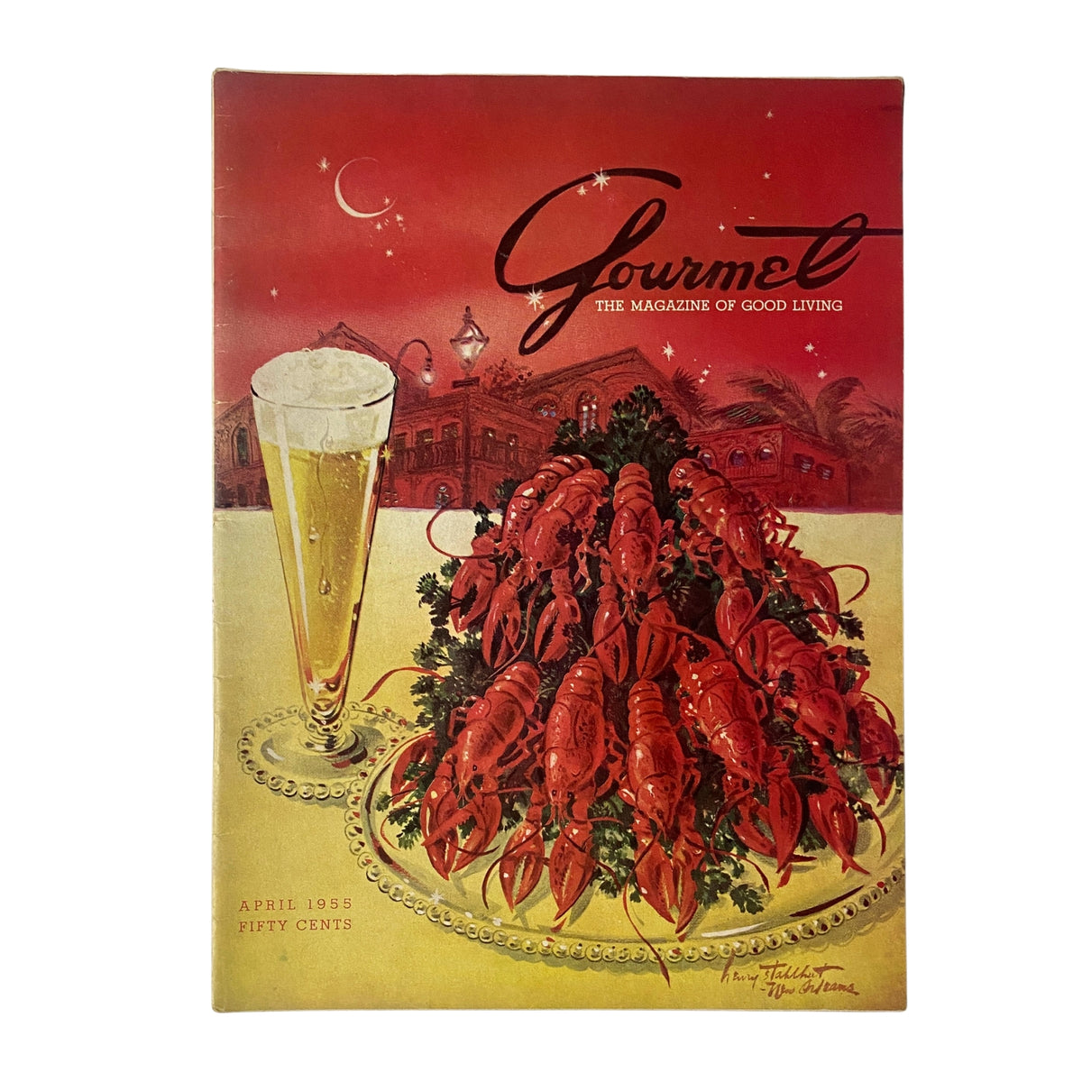 Cover of Gourmet Magazine April 1955 featuring a vibrant illustration by Henry J. Stahlhut, depicting a plate of crawfish alongside a glass of beer.