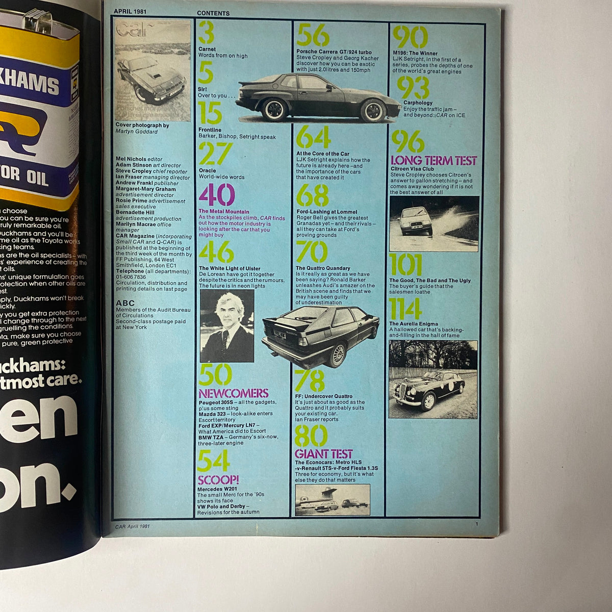 Inside page of Car Magazine UK Import April 1981 showcasing the contents section. It lists articles including 'Porsche Carrera GT / 924 Turbo', 'Newcomers', and 'Giant Test', among others, all emphasizing automotive journalism from that era.