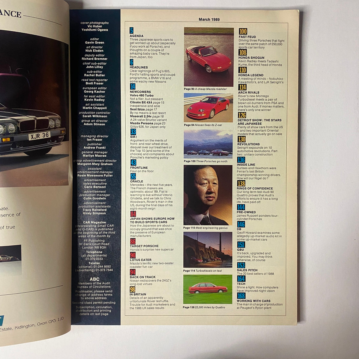 Contents page of Car Magazine UK Import March 1989 featuring Honda Supercar and Mazda Roadster, showcasing articles about Japanese sports cars, rankings, and automotive forecasts.
