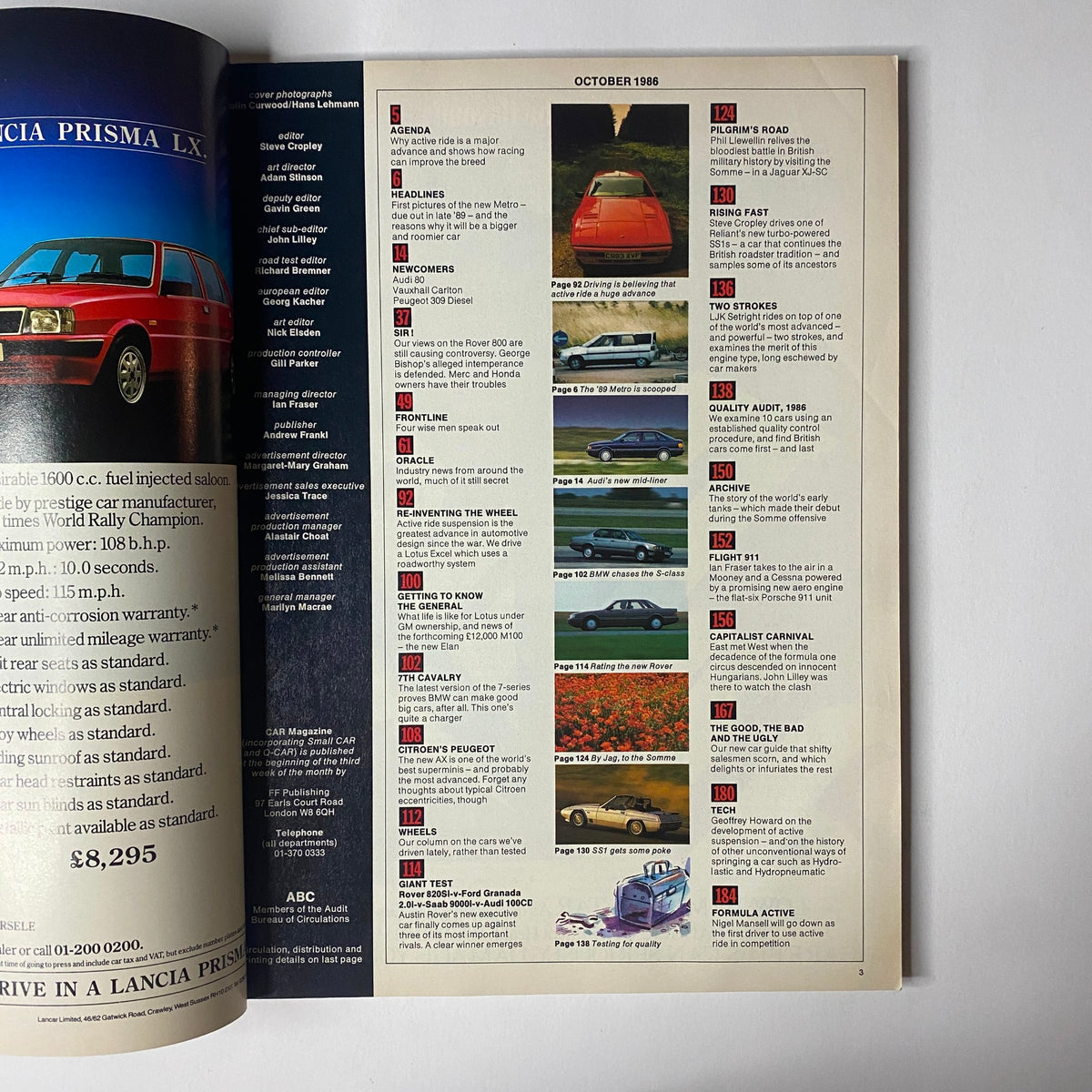 Content page from Car Magazine UK Import October 1986, showcasing articles including Pilgrim's Road and Rising Fast along with images of various cars.