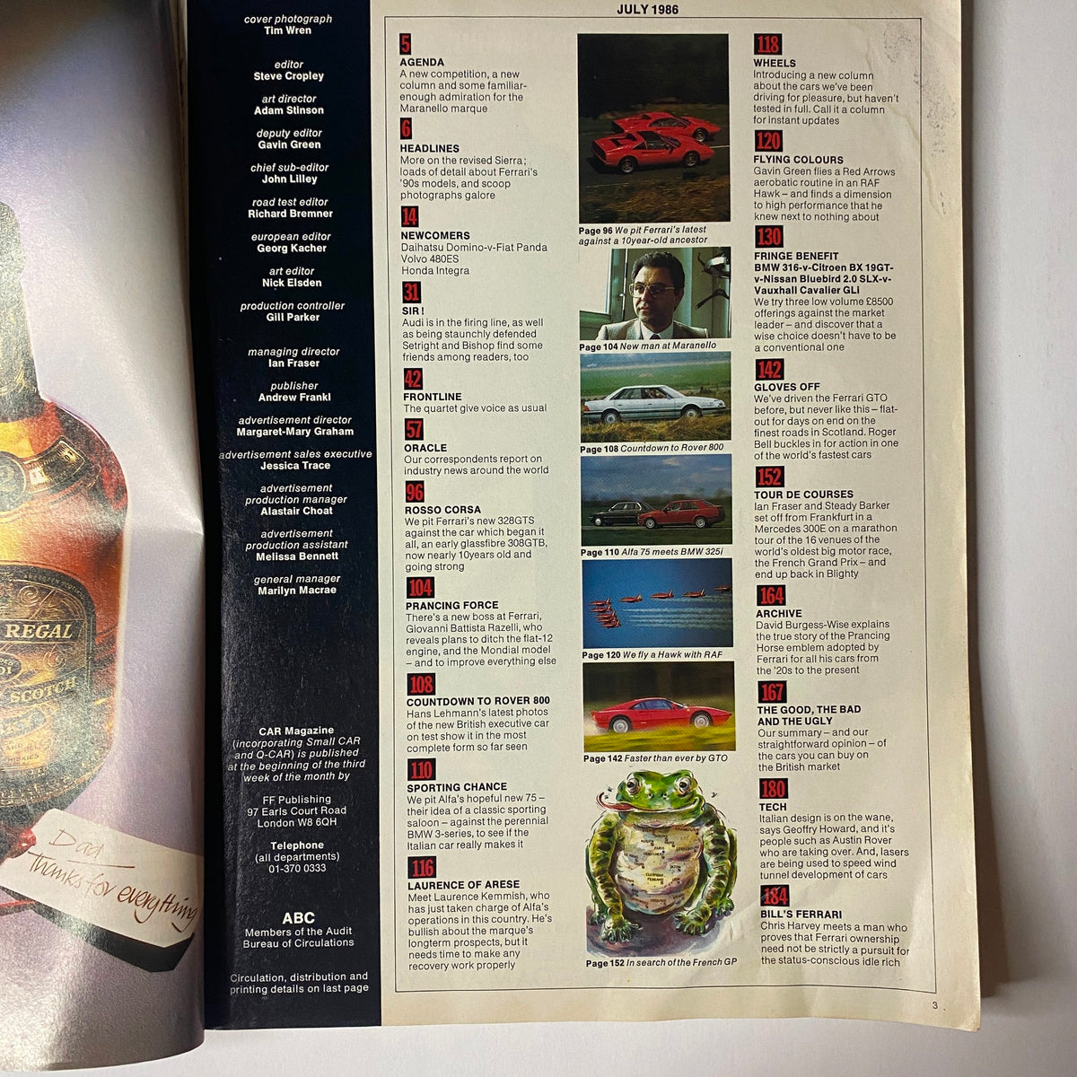 Inside page of Car Magazine UK Import July 1986 displaying contents that feature Ferrari's 328 and 308 along with industry insights and automotive commentary.