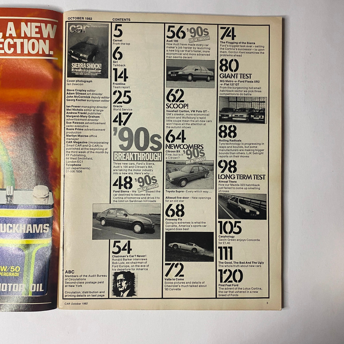Contents page of Car Magazine UK Import October 1982 featuring articles on Sierra Shock, Audi 100, and Citroën BX with a focus on major automotive breakthroughs of the era.