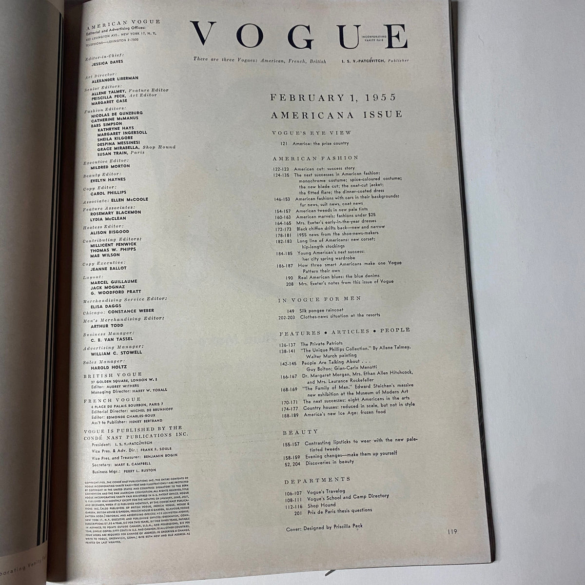 Contents page of Vogue Magazine February 1, 1955 Americana Number 1955, featuring articles on fashion and beauty from the era.