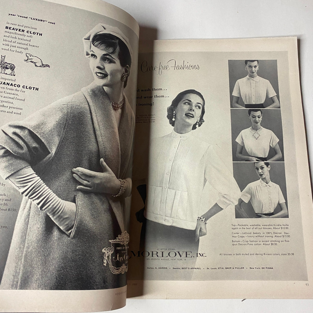Fashion advertisement from Vogue Magazine February 1, 1955 Americana Number 1955, depicting a model wearing carefree fashions.