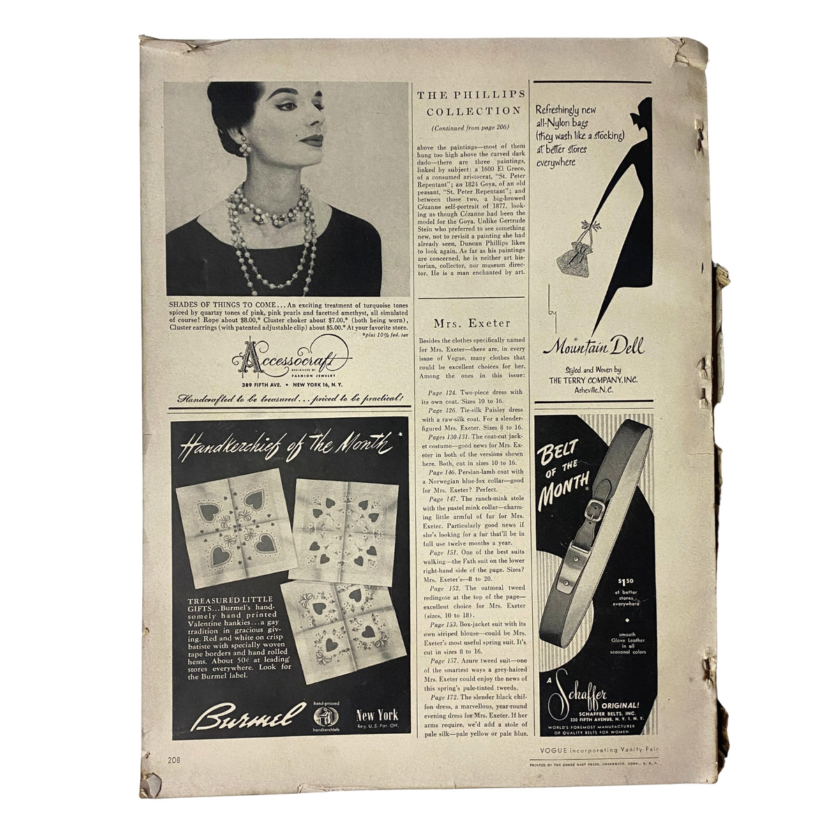 Vogue Magazine February 1, 1955 Americana Number 1955 GD Interior showcasing an advertisement for the Phillips Collection alongside jewelry featured in the magazine, with visible wear and vintage aesthetic typical of mid-century publications.