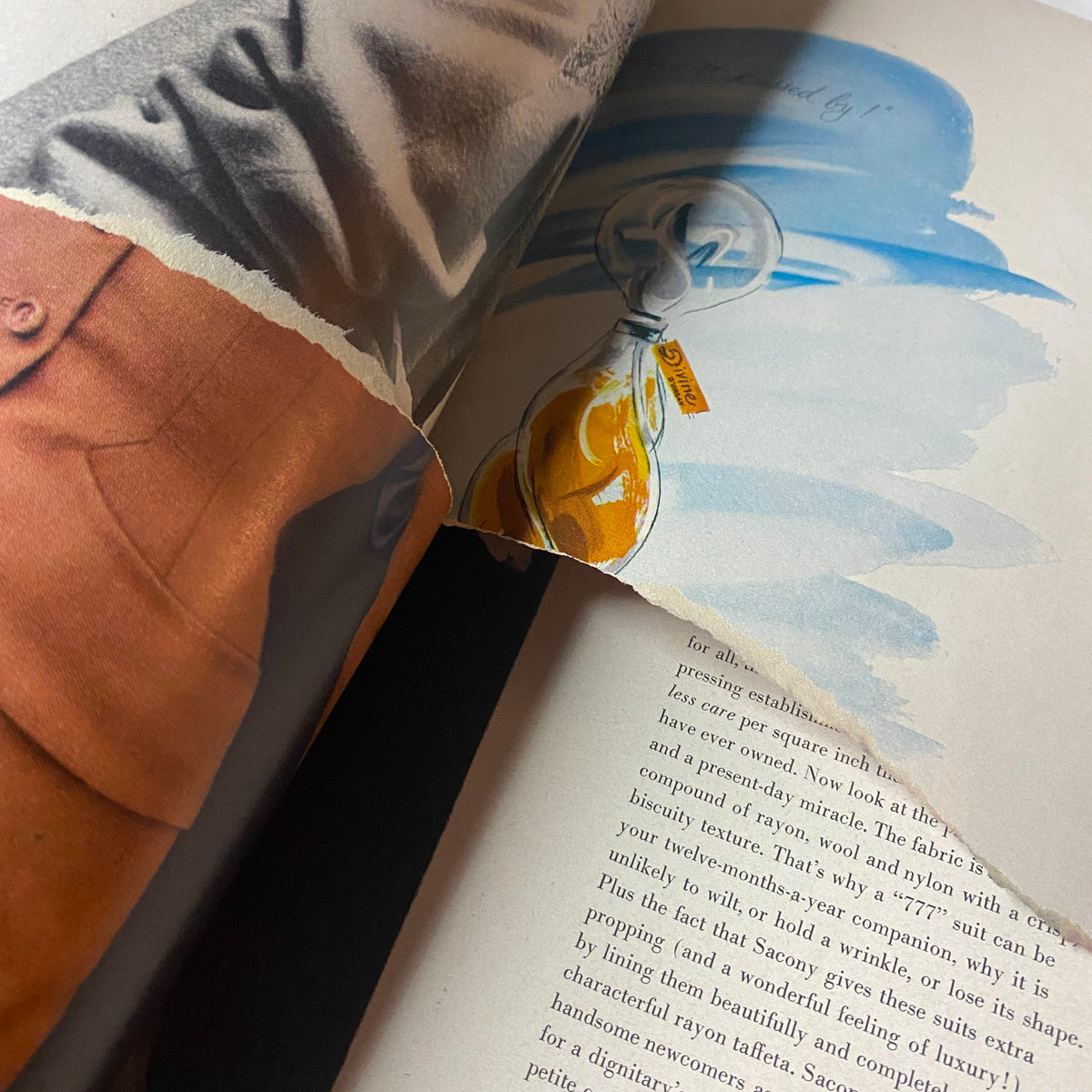 Vogue Magazine December 1953 Kathleen Wallace by Erwin Blumenfeld GD Interior displaying a torn page showing vintage artwork and text.