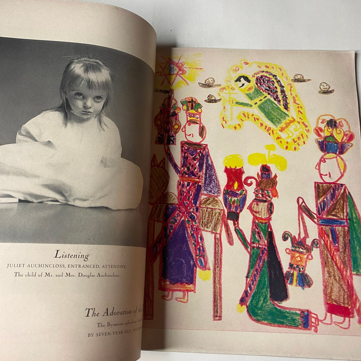 Vogue Magazine December 1953 Kathleen Wallace by Erwin Blumenfeld GD Interior displaying a touching photograph of a young child attentively listening, alongside a vibrant child's drawing of a festive scene.