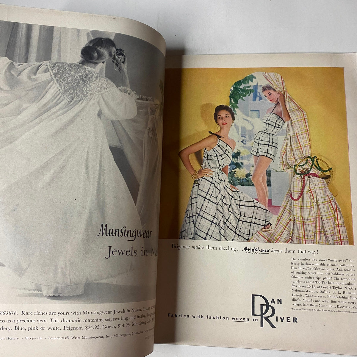 Vogue Magazine December 1953 Kathleen Wallace by Erwin Blumenfeld GD Interior highlighting advertisement for Munsingwear jewels, featuring stylish swimwear designs modeled by elegant women.