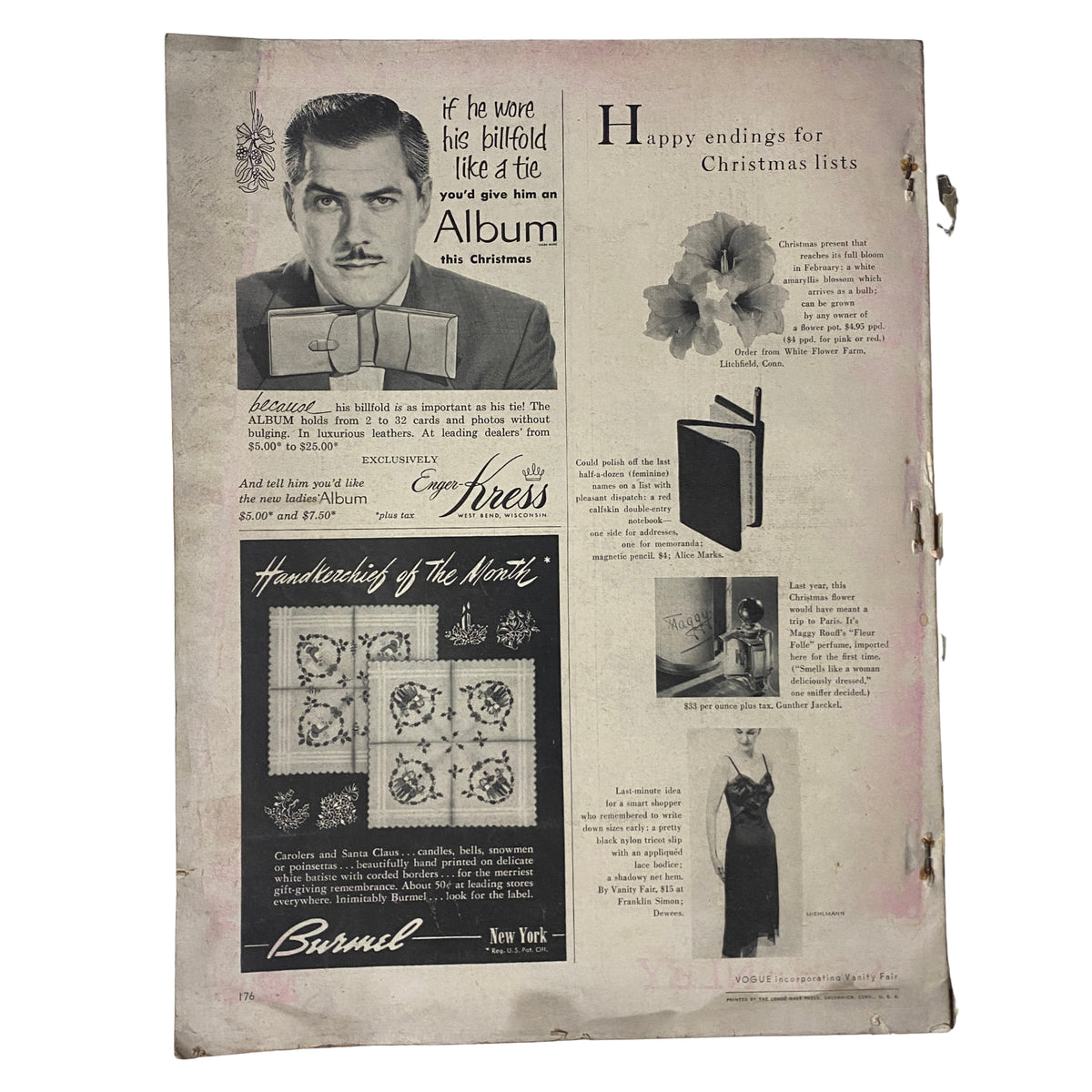 Vogue Magazine December 1953 Kathleen Wallace by Erwin Blumenfeld GD Interior depicting the back cover advertisement featuring a dapper gentleman encouraging gift ideas for Christmas, showcasing holiday presents.