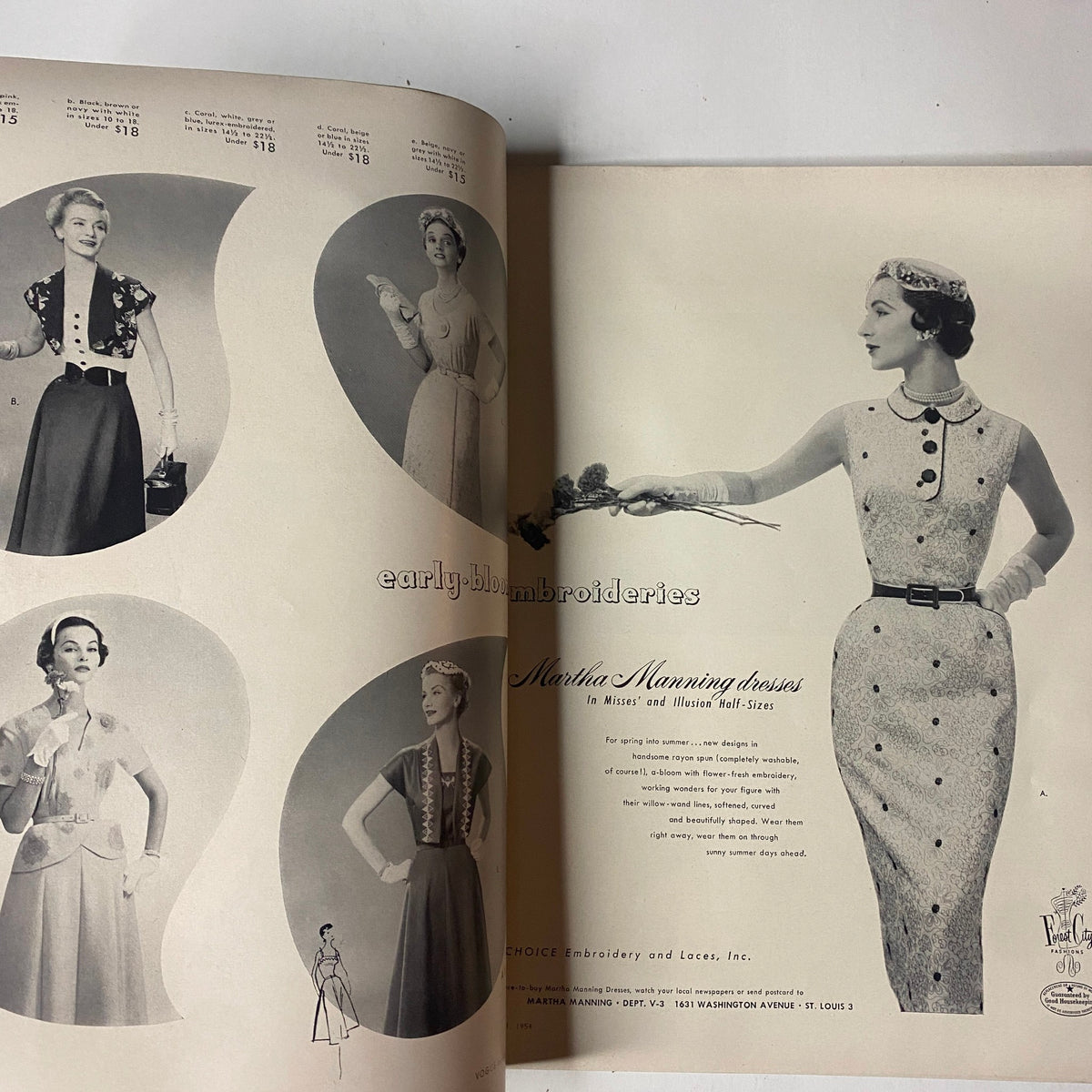Vogue Magazine March 1, 1954 showcasing various Martha Mornings dresses, highlighting classic 1950s fashion with styles for women, depicting elegant and sophisticated attire.