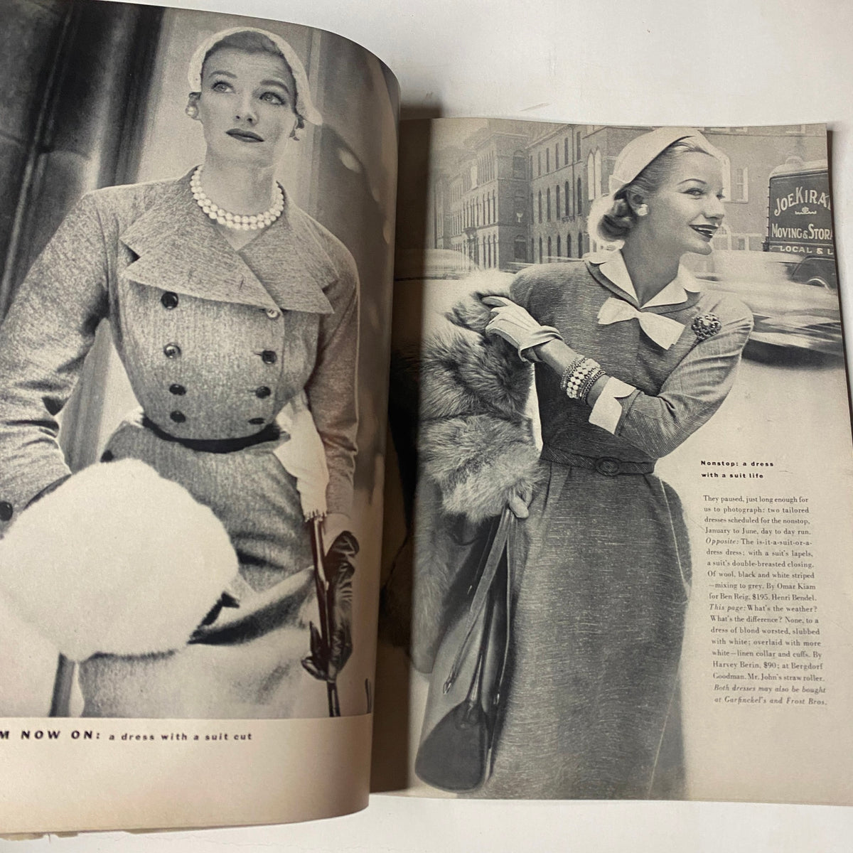 Two fashion models in winter attire from Vogue Magazine January 1952, emphasizing classic styles and details reflective of 1950s fashion.